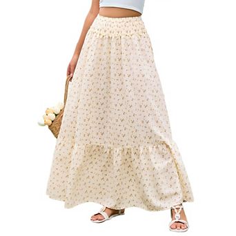 Women's Chiffon Elastic High Waist Pleated Tiered Layer a-Line Frill Hem Casual Flared Maxi Skirts