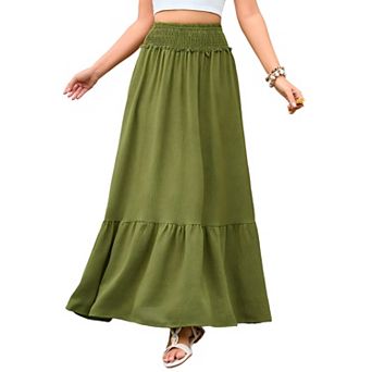 Women's Chiffon Elastic High Waist Pleated Tiered Layer a-Line Frill Hem Casual Flared Maxi Skirts