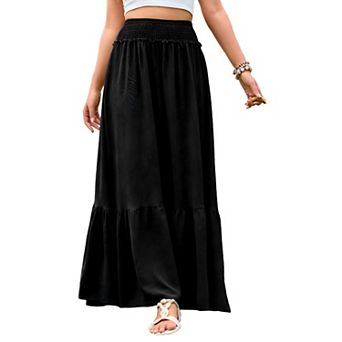 Women's Chiffon Elastic High Waist Pleated Tiered Layer a-Line Frill Hem Casual Flared Maxi Skirts