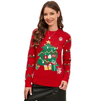 Women Christmas Tree Gift Jacquard Sweater Crew Neck Long Sleeve Winter Knit Pullover