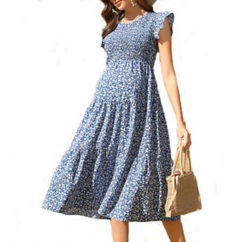 Women Flutter Short Sleeve Smocked Summer Long Dress Crew Neck Casual Flowy Swing A Line Midi Dress