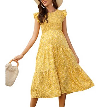 Women Flutter Short Sleeve Smocked Summer Long Dress Crew Neck Casual Flowy Swing A Line Midi Dress
