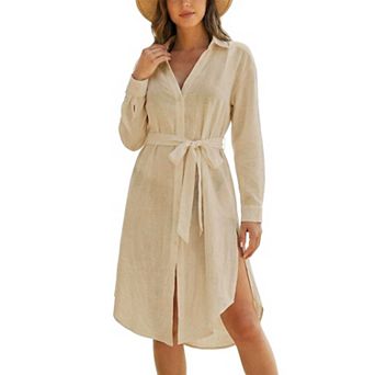 Women Cover Up Dresses Long Sleeve Blouse Button Down Front Belt Swimsuit Casual Wear Tops