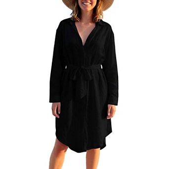 Women Cover Up Dresses Long Sleeve Blouse Button Down Front Belt Swimsuit Casual Wear Tops