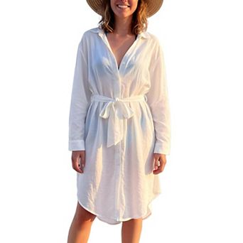 Women Cover Up Dresses Long Sleeve Blouse Button Down Front Belt Swimsuit Casual Wear Tops