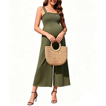 Women Smocked Summer Wide Leg Jumpsuit Casual Sleeveless Long Pants Maternity Romper Overalls Pocket