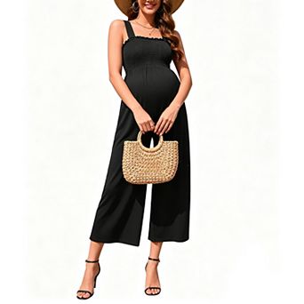 Women Smocked Summer Wide Leg Jumpsuit Casual Sleeveless Long Pants Maternity Romper Overalls Pocket