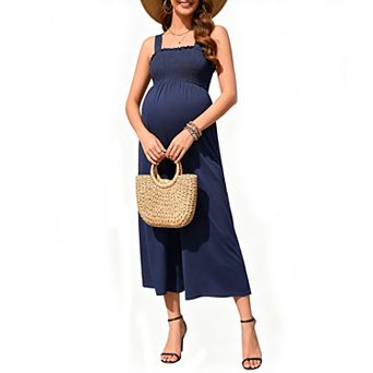Women Smocked Summer Wide Leg Jumpsuit Casual Sleeveless Long Pants Maternity Romper Overalls Pocket