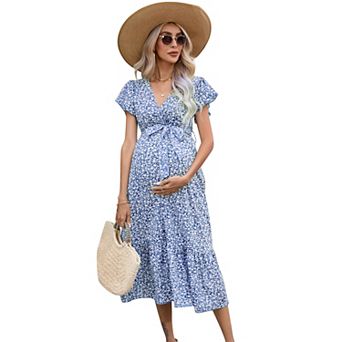Women Wrap V Neck Flutter Short Sleeve Maxi Boho Dress Summer Flowy Swing A Line Long Sun Dress Belt