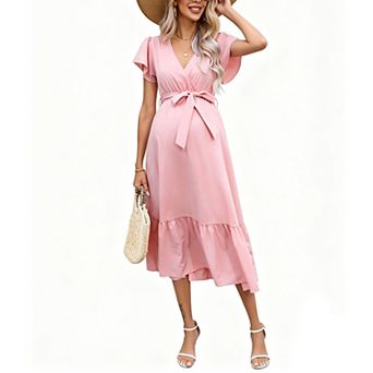 Women Wrap V Neck Flutter Short Sleeve Maxi Boho Dress Summer Flowy Swing A Line Long Sun Dress Belt