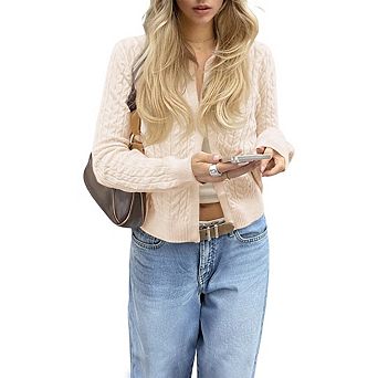 Women's Cable Knit Cardigan Crew Neck Button Front Long Sleeve Cropped Casual Knit Tops
