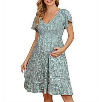 Women's Maternity Short Sleeve Ruffle v Neck Summer Casual Smocked Flowy Midi Dress for Baby Shower