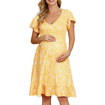 Women's Maternity Short Sleeve Ruffle v Neck Summer Casual Smocked Flowy Midi Dress for Baby Shower