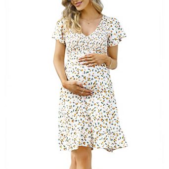 Women's Maternity Short Sleeve Ruffle v Neck Summer Casual Smocked Flowy Midi Dress for Baby Shower
