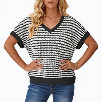 Striped V Neck T Shirts Women Batwing Short Sleeve Casual Loose Blouse