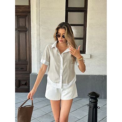Striped Button Down Shirt Women Color Block Cuff Collared Pocket Casual Tops