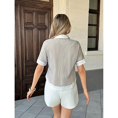 Striped Button Down Shirt Women Color Block Cuff Collared Pocket Casual Tops