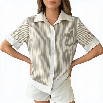 Striped Button Down Shirt Women Color Block Cuff Collared Pocket Casual Tops