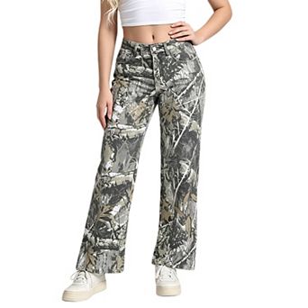 Women Leaf Print Jeans Casual Wide Leg Denim Pants
