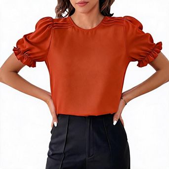 Puff Short Sleeve Blouse Women Round Neck Pleated Shoulder Office Daily Shirts