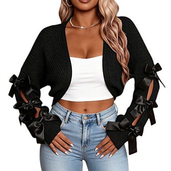 Women Cropped Knit Cardigan Cute Bow Long Sleeve Sweater Shrug