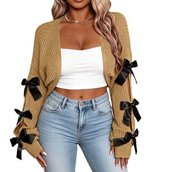 Women Cropped Knit Cardigan Cute Bow Long Sleeve Sweater Shrug