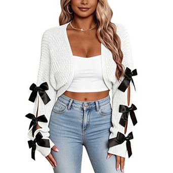 Women Cropped Knit Cardigan Cute Bow Long Sleeve Sweater Shrug