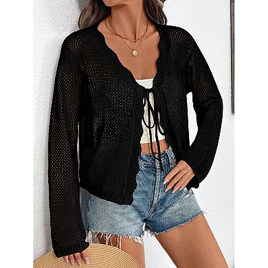 Women's Plus Size Knit Cardigan Tie Front Hollow Out Beach Cover Up
