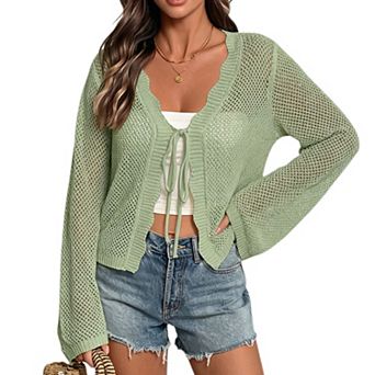 Women's Plus Size Knit Cardigan Tie Front Hollow Out Beach Cover Up