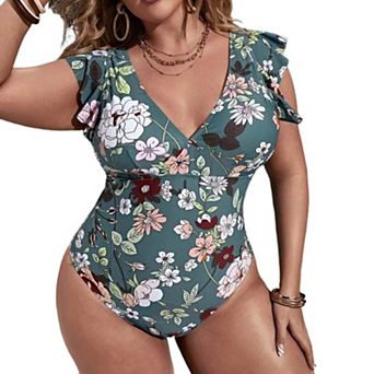 Women Plus Size One Piece Swimsuit Floral Print V Ruffle Cap Sleeve Tummy Control Swimsuit