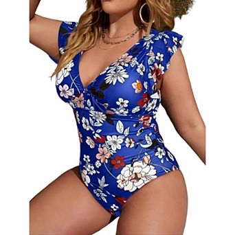 Women Plus Size One Piece Swimsuit Floral Print V Ruffle Cap Sleeve Tummy Control Swimsuit