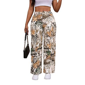 Women Leaf Printed Cargo Pants Wide Leg Jean Trousers