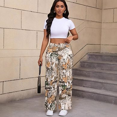 Women Leaf Printed Cargo Pants Wide Leg Jean Trousers