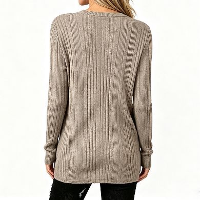 Women V Neck Ribbed Knit Long Sleeve Tops Soft Casual Loose Fit Basic Pullover Shirts