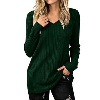 Women V Neck Ribbed Knit Long Sleeve Tops Soft Casual Loose Fit Basic Pullover Shirts