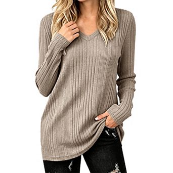 Women V Neck Ribbed Knit Long Sleeve Tops Soft Casual Loose Fit Basic Pullover Shirts