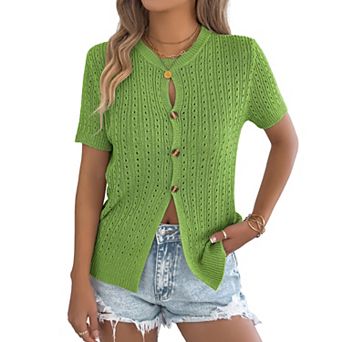 Women Solid Short Sleeve Hollow Out Knit Sweater Lightweight Casual Knit Cardigan