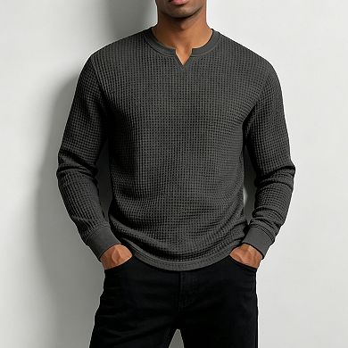 Men Waffle Long Sleeve Shirt Notch V Neck Casual Soft Lightweight Fall Daily Undershirt
