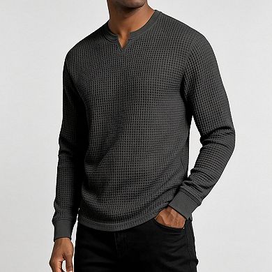 Men Waffle Long Sleeve Shirt Notch V Neck Casual Soft Lightweight Fall Daily Undershirt
