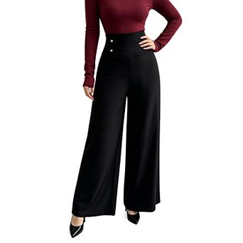 Women High Waist Button Detail Wide Leg Dress Pants Flowy Straight Leg Formal Casual Trousers
