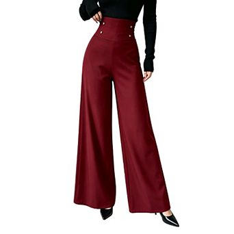 Women High Waist Button Detail Wide Leg Dress Pants Flowy Straight Leg Formal Casual Trousers