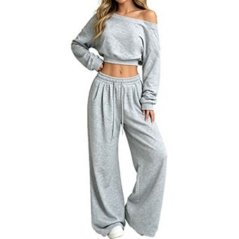 Women One Shoulder Crop Sweatshirt Wide Leg Sweatpants 2 pc Outfit Casual Loungewear Set