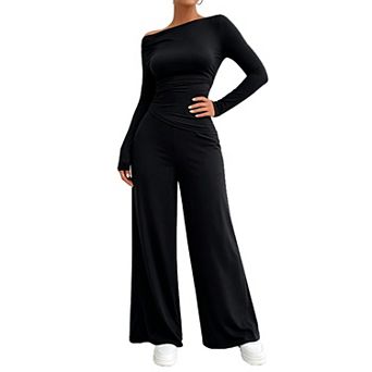 Women Off Shoulder Long Sleeve Top Wide Leg Pants 2 pc Set Casual Slim Fit Loungewear Outfit