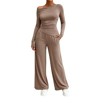 Women Off Shoulder Long Sleeve Top Wide Leg Pants 2 pc Set Casual Slim Fit Loungewear Outfit