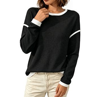 Women Crew Neck Knit Long Sleeve Tops Contrast Trim Loose Fit Casual Basic Pullover Shirts