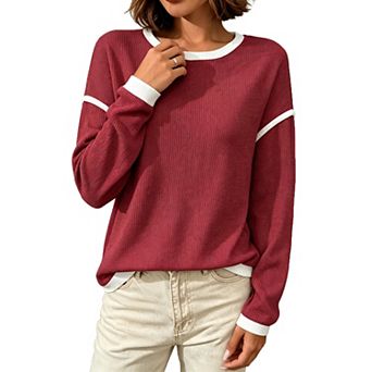 Women Crew Neck Knit Long Sleeve Tops Contrast Trim Loose Fit Casual Basic Pullover Shirts