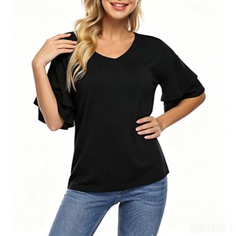 Women's Tops V Neck Ruffle 3/4 Bell Sleeve Shirt Casual Blouse