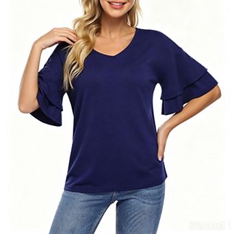 Women's Tops V Neck Ruffle 3/4 Bell Sleeve Shirt Casual Blouse