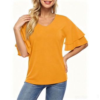 Women's Tops V Neck Ruffle 3/4 Bell Sleeve Shirt Casual Blouse