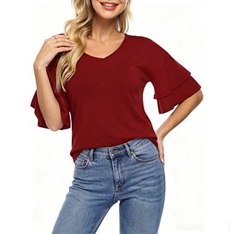 Women's Tops V Neck Ruffle 3/4 Bell Sleeve Shirt Casual Blouse